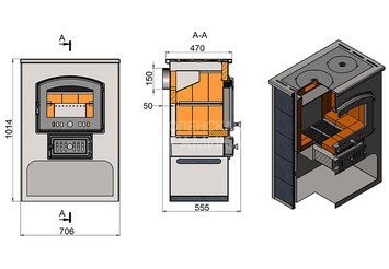Печь-Камин ВЕЗУВИЙ ПК-03 (224) с плитой красный 12 кВт (200 м3) Ø150мм