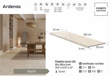 Ступень прямая противоскользящая Peldano recto 120, C3 Exagres Ardenas Marfil